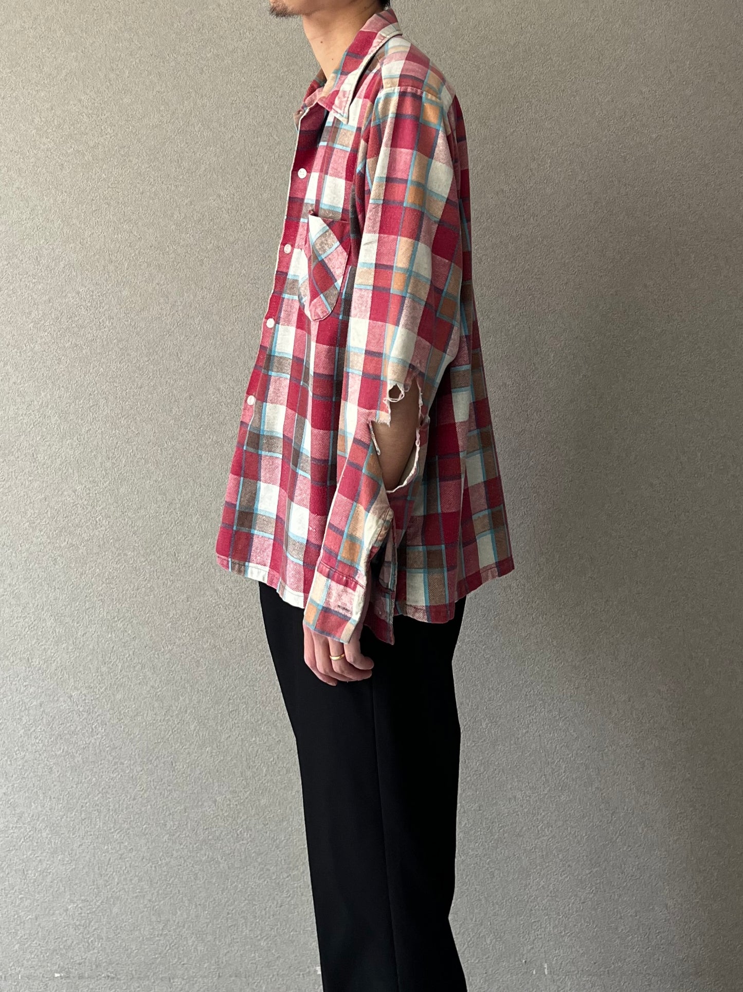 70's Sears open collar print flannel shirt