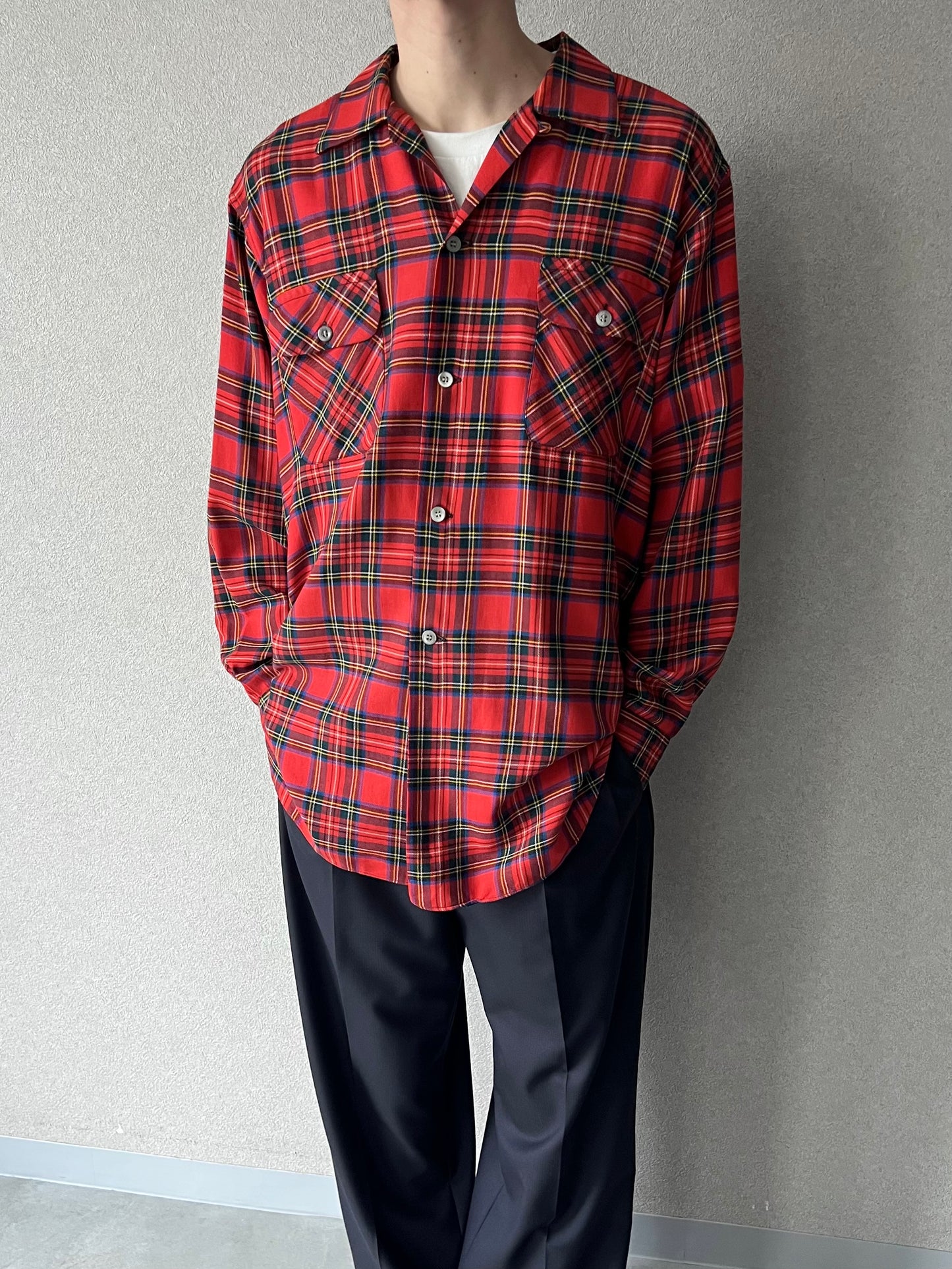 60's VINTAGE wool open collar shirt