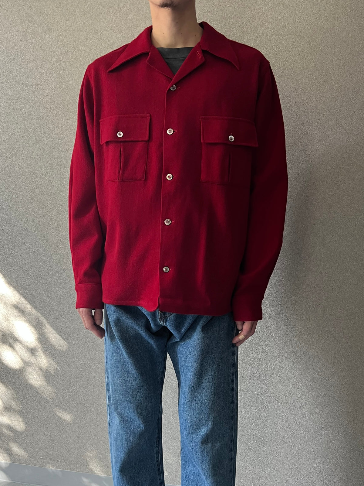 70's WOOD STREAM open collar wool shirt