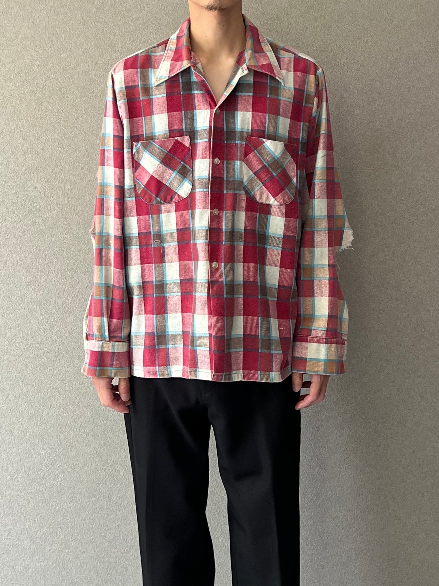 70's Sears open collar print flannel shirt