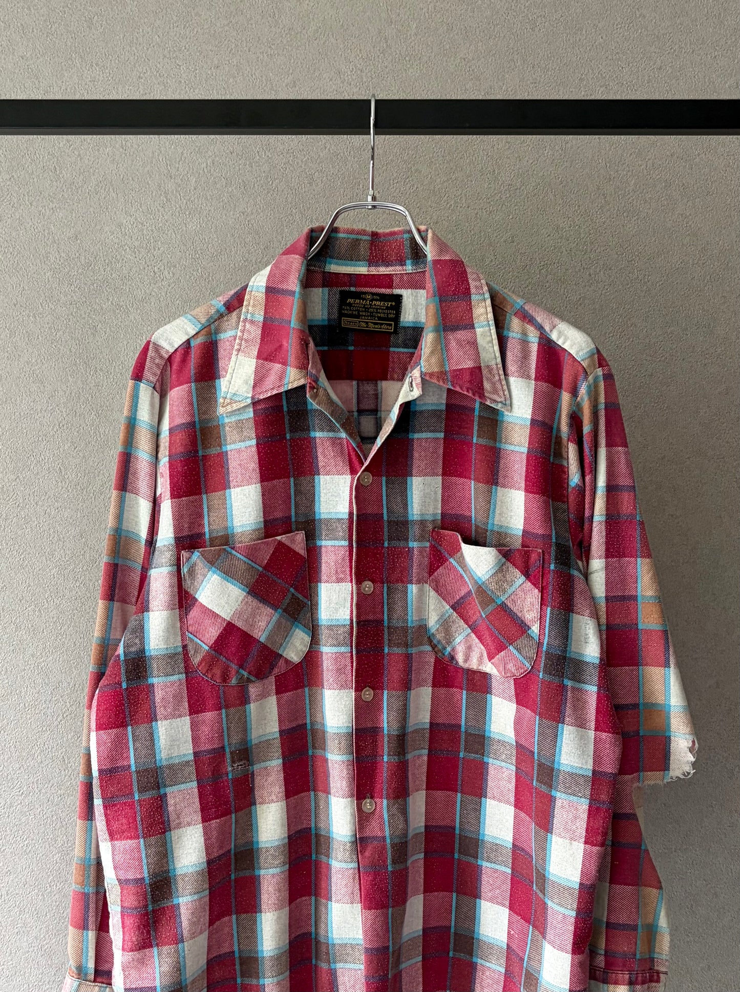 70's Sears open collar print flannel shirt