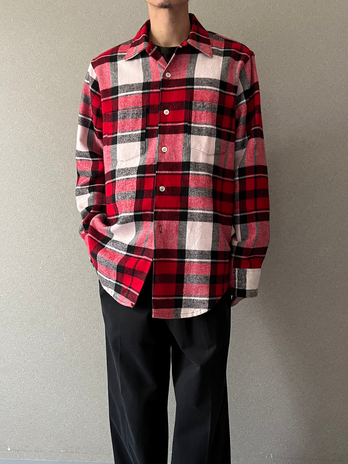 70's GOLDEN KEY open collar flannel shirt "Dead Stock"