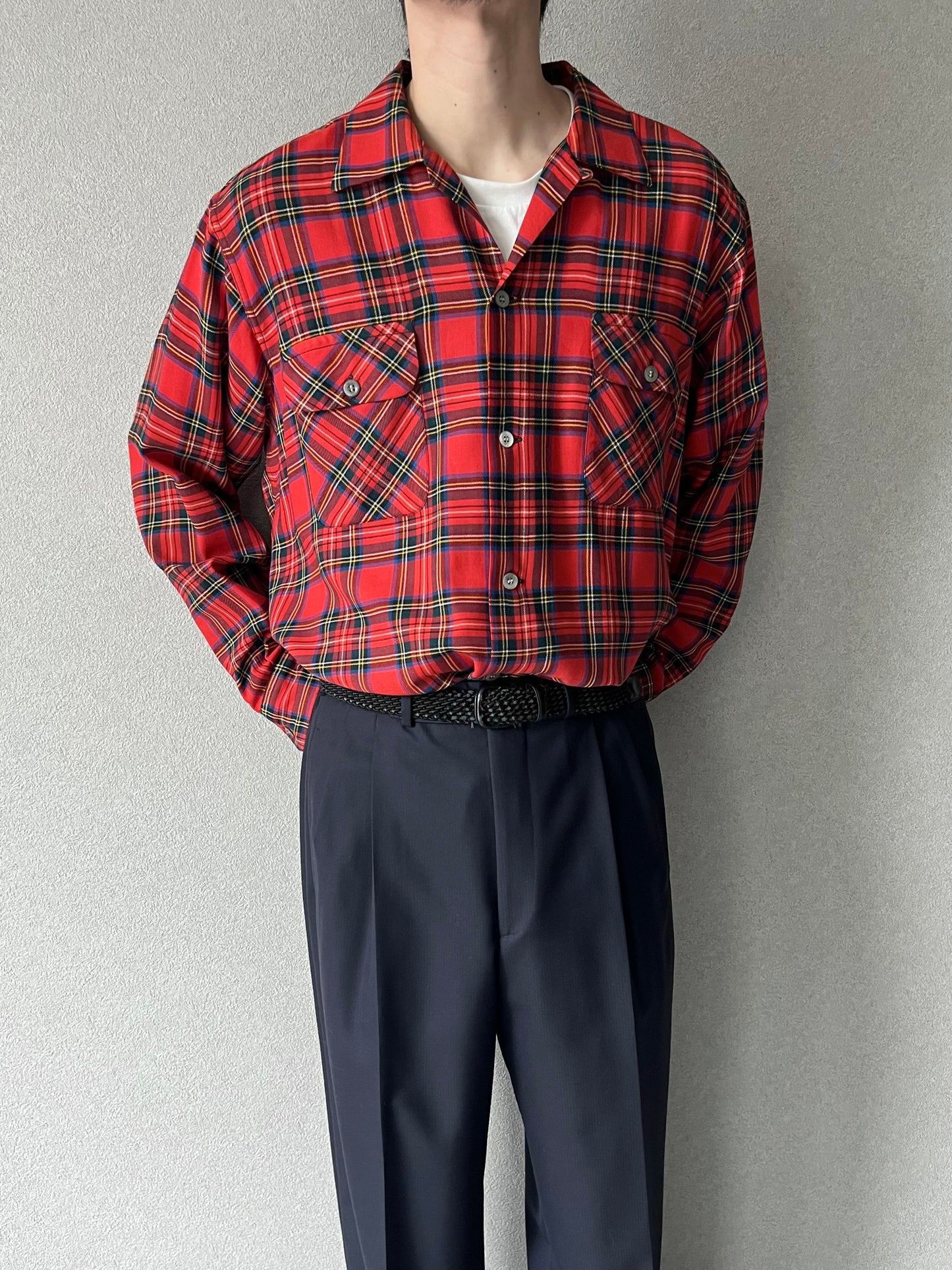 60's VINTAGE wool open collar shirt