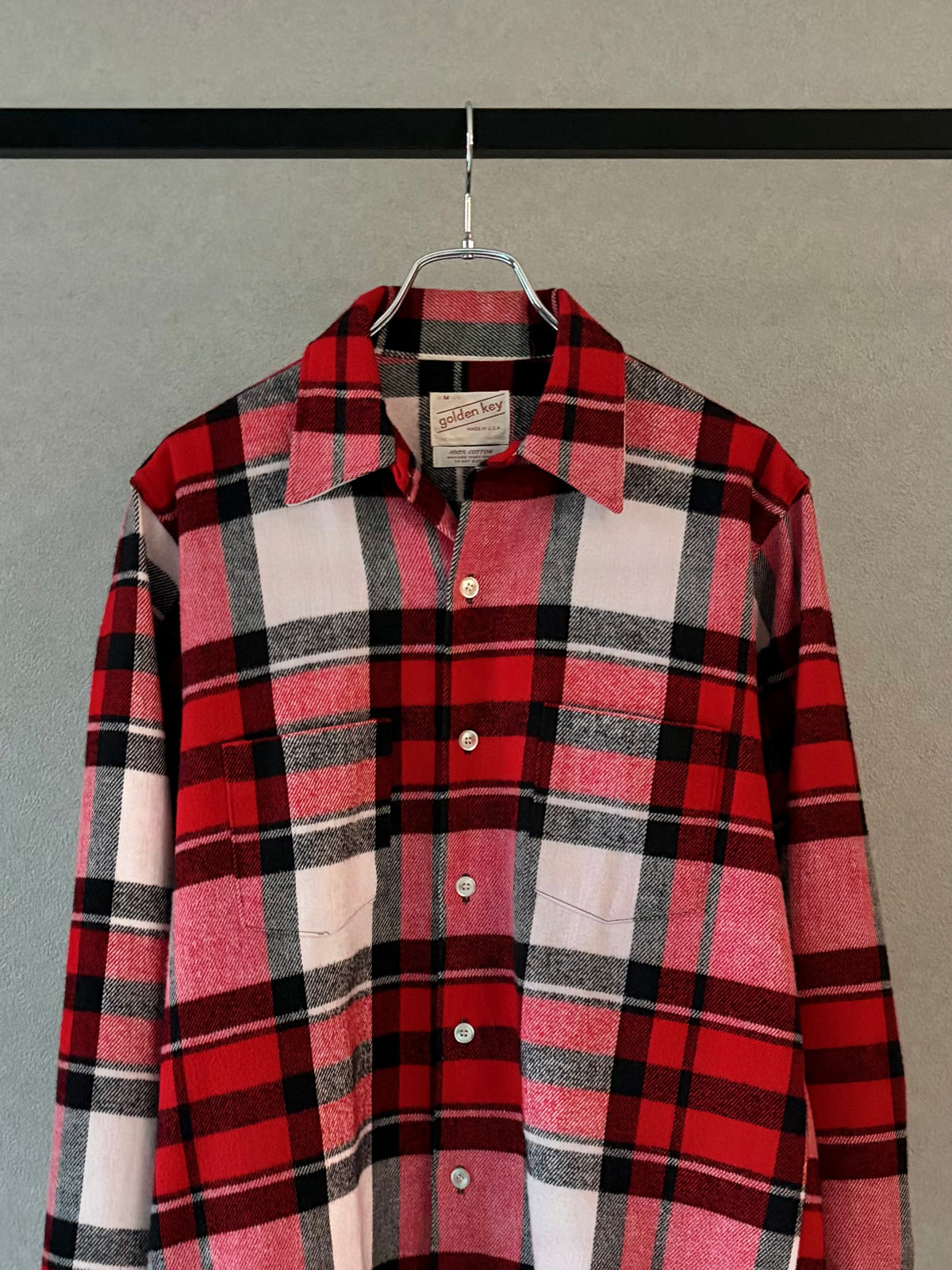 70's GOLDEN KEY open collar flannel shirt "Dead Stock"