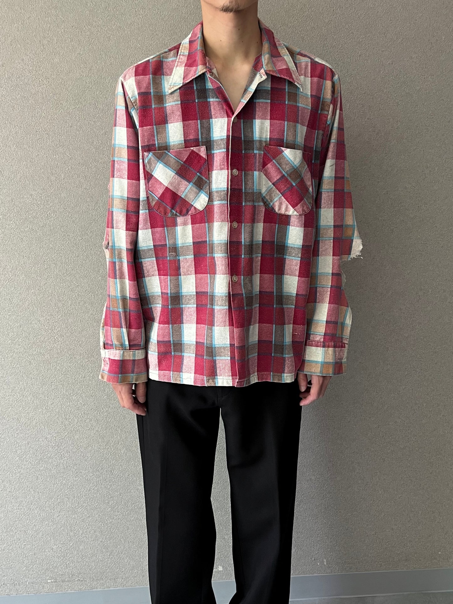 70's Sears open collar print flannel shirt