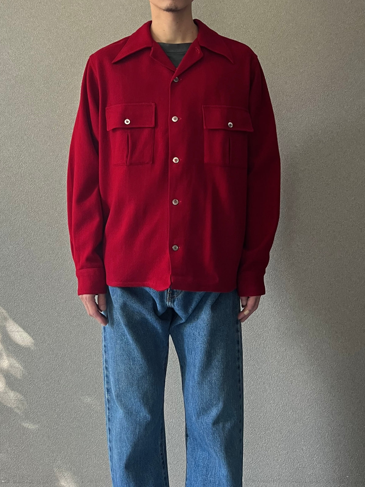 70's WOOD STREAM open collar wool shirt