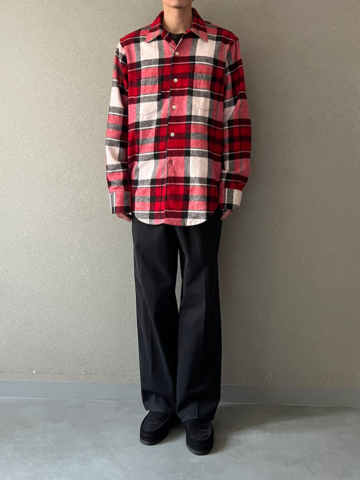 70's GOLDEN KEY open collar flannel shirt "Dead Stock"