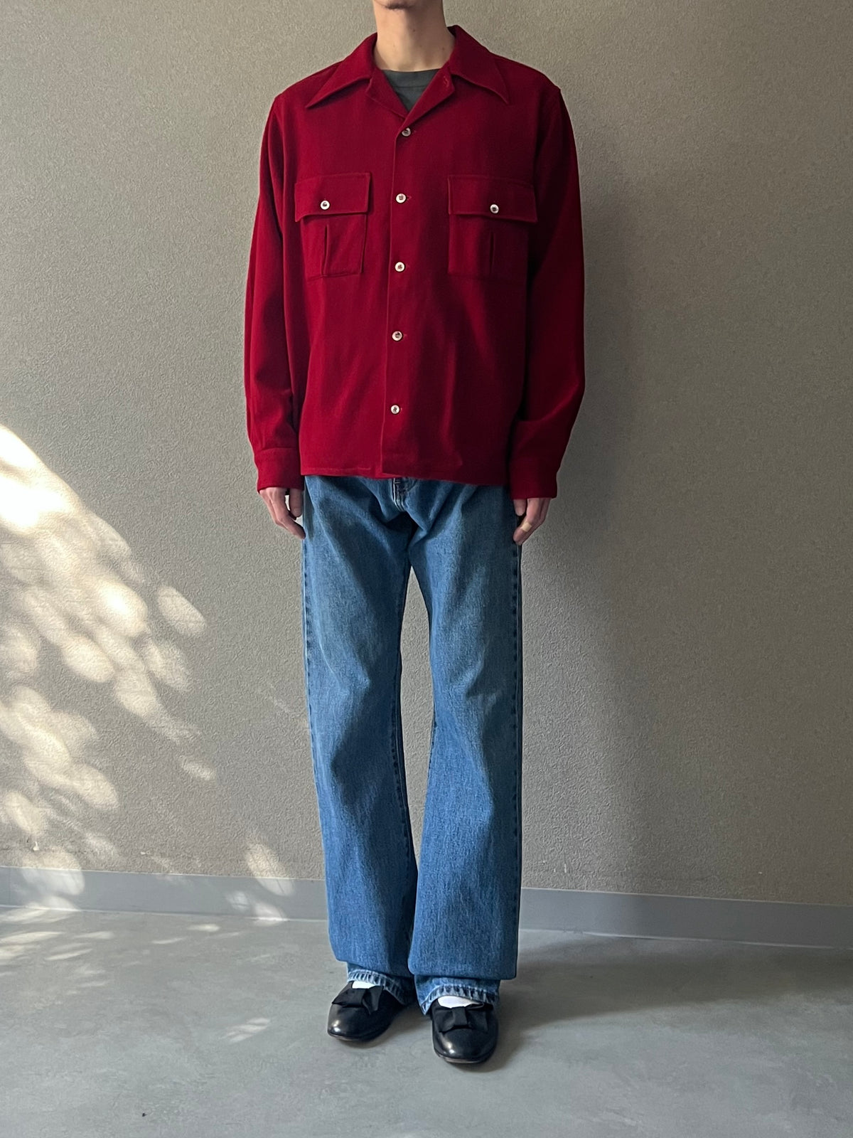 70's WOOD STREAM open collar wool shirt