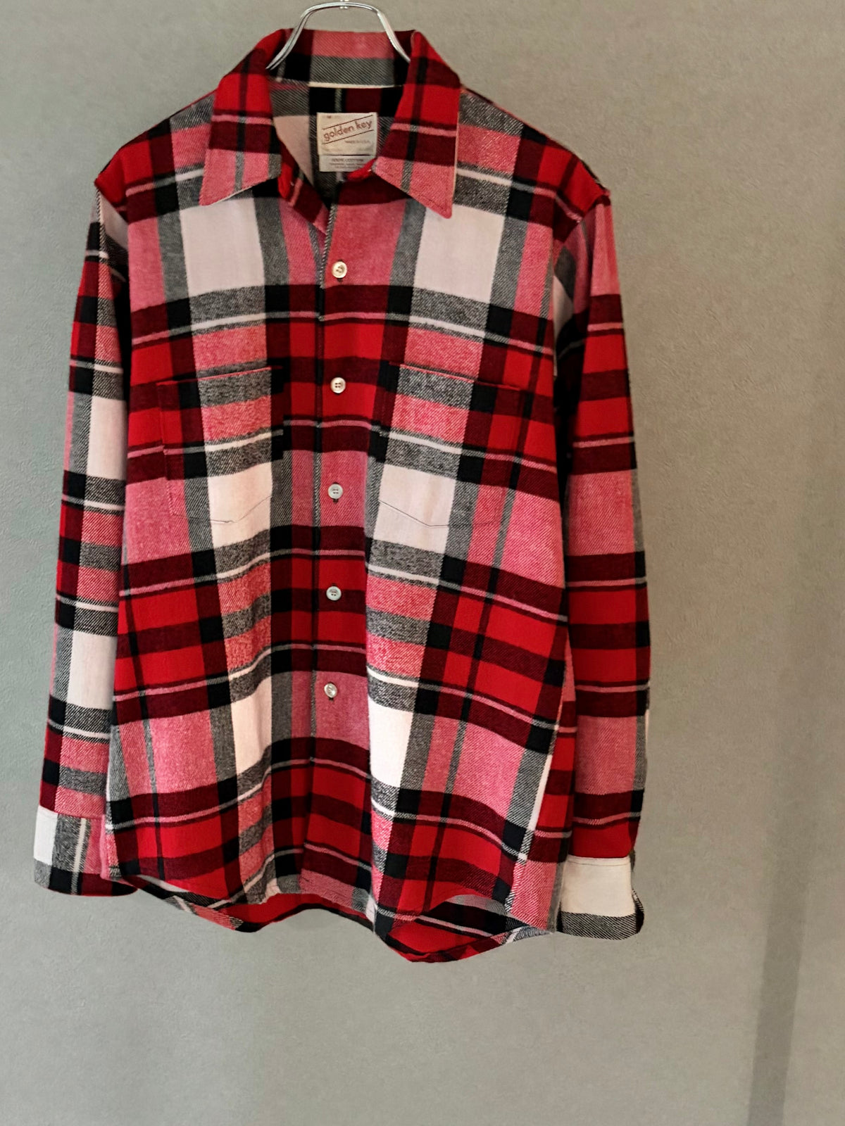 70's GOLDEN KEY open collar flannel shirt "Dead Stock"