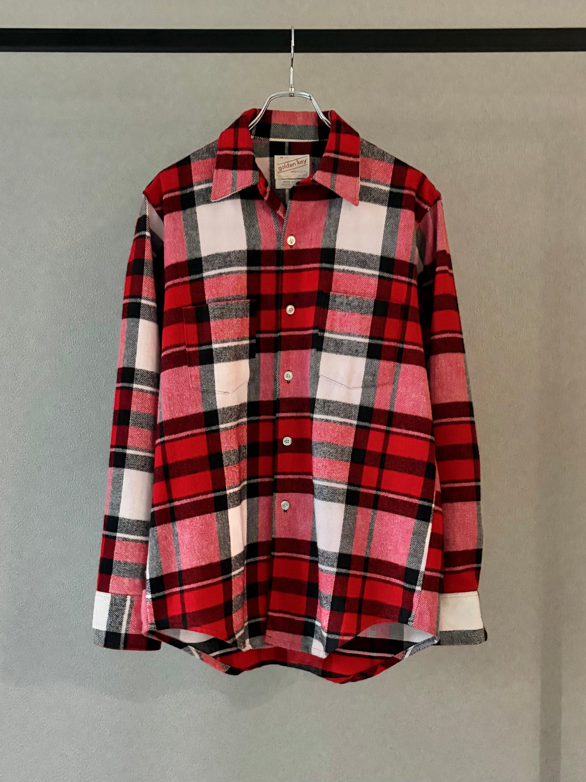 70's GOLDEN KEY open collar flannel shirt "Dead Stock"