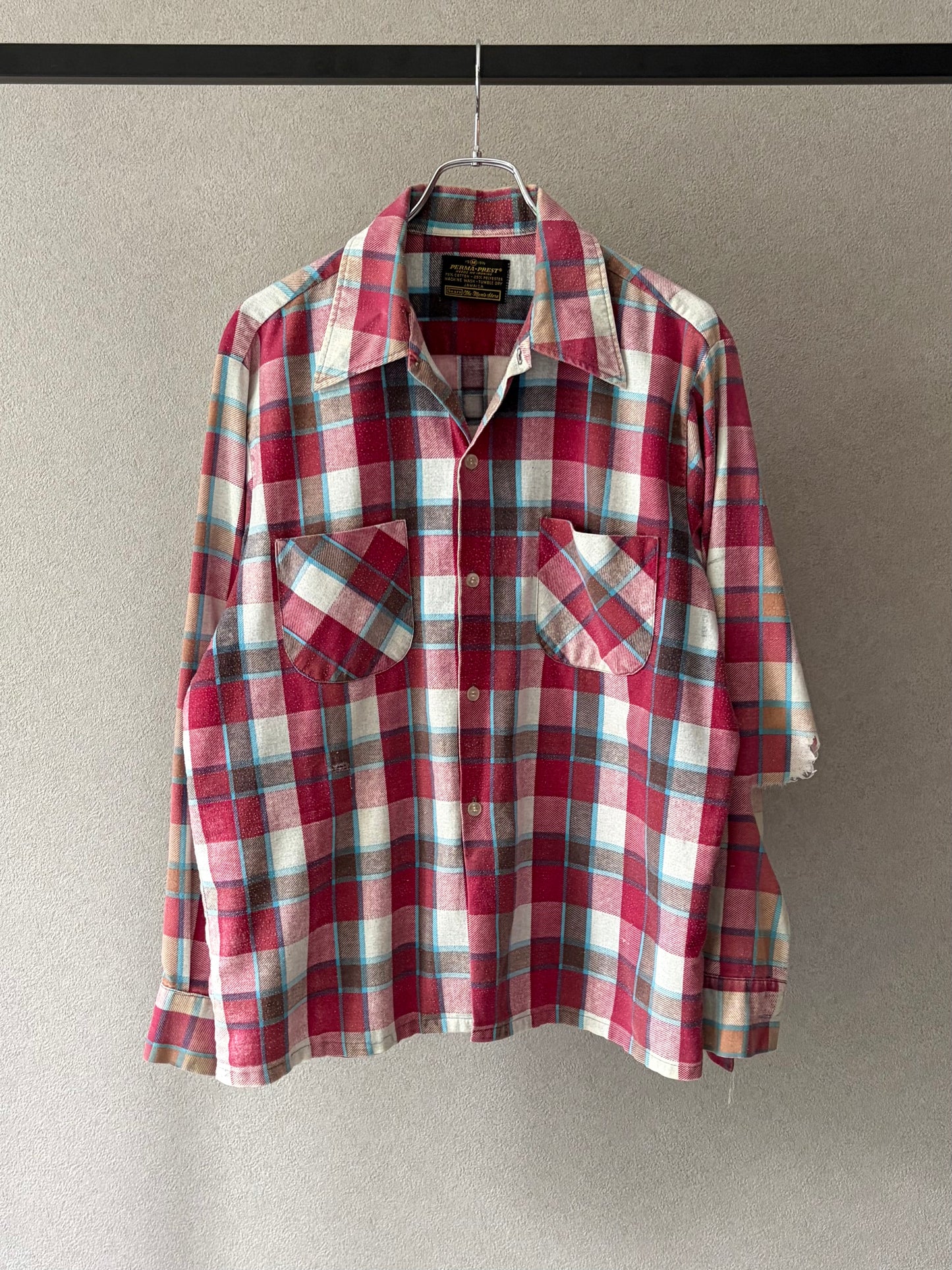 70's Sears open collar print flannel shirt