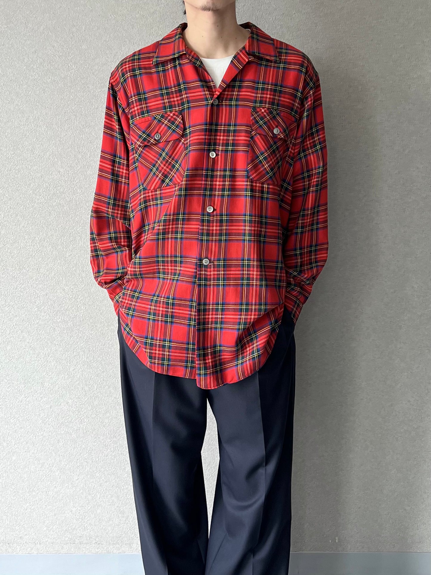 60's VINTAGE wool open collar shirt