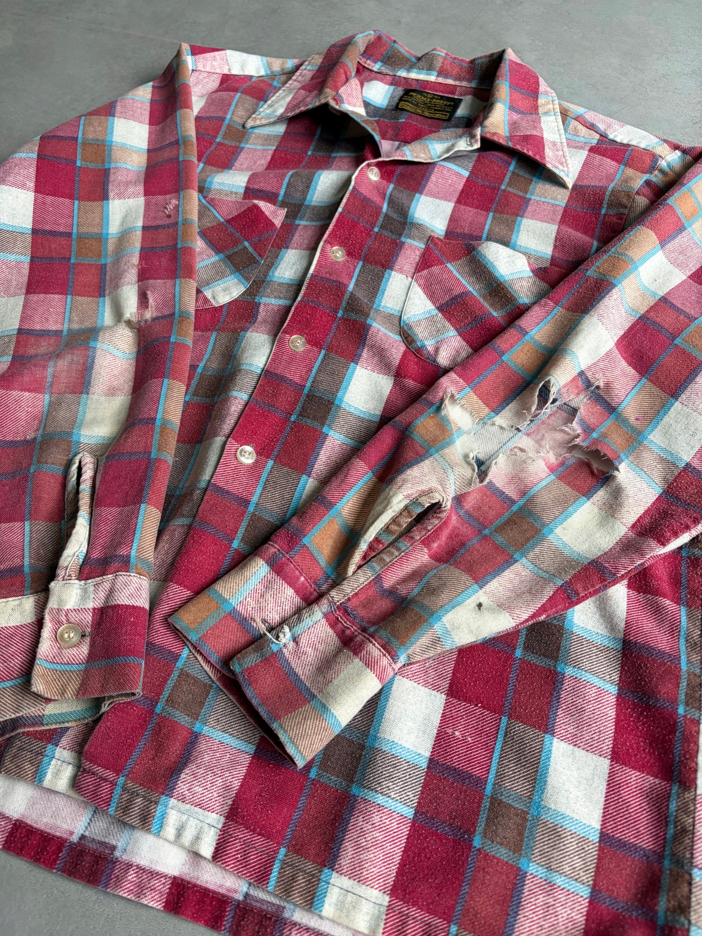 70's Sears open collar print flannel shirt