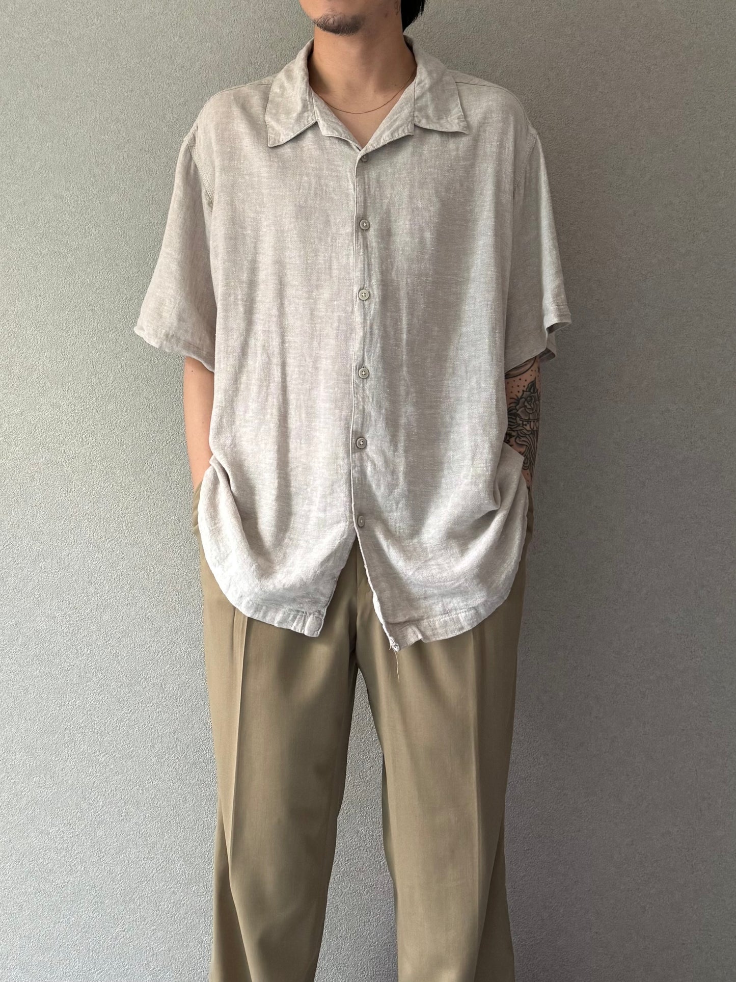 00's HAGGAR linen open collar shirt