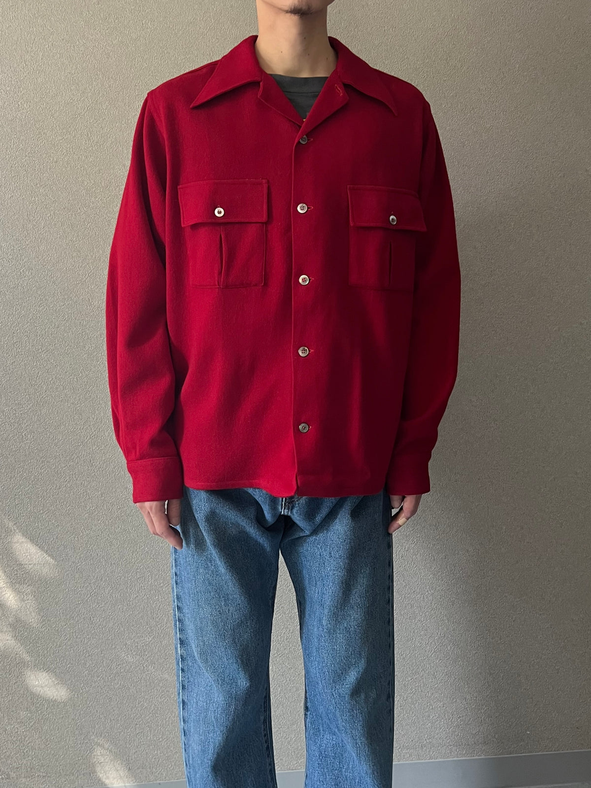 70's WOOD STREAM open collar wool shirt