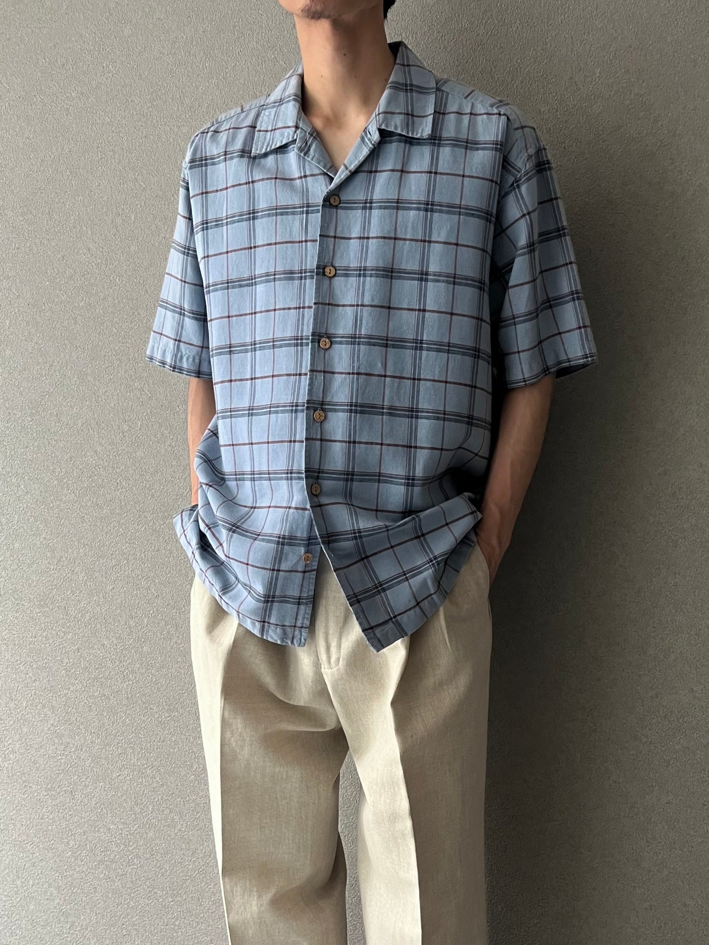 00's Eddie Bauer open collar linen×cotton shirt